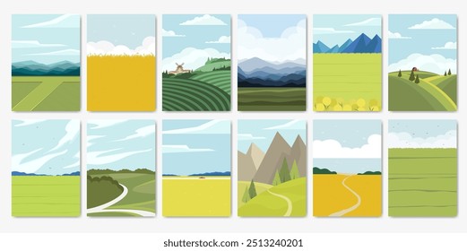 Naturaleza del paisaje del campo en las temporadas de cosecha. Dibujos animados verano primavera otoño escenas