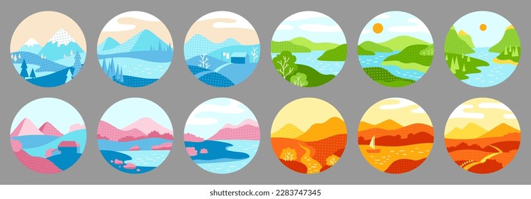 Nature field landscape scenery four seasons round sticker set. Abstract nature monthly trendy calendar twelve months of year spring, autumn, summer winter collection. Planner illustration template