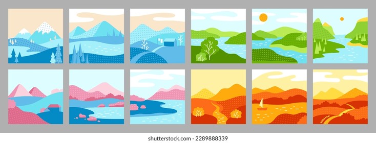 Die Landschaft der Natur ist vier Jahreszeiten festgelegt. Abstrakte Natur monatlich angesagter Kalender zwölf Monate Frühling, Herbst, Sommer Winter Illustration Sammlung. Vektorgrafik-Vorlagen-Typografie des Planers