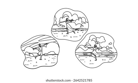 nature field spinning joyfully vector. happiness freedom, sunlight breeze, laughter movement nature field spinning joyfully character. people black line pencil drawing illustration