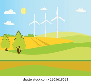naturaleza, campo, árboles, arbusto, molino de viento, ilustración para afiche, cielo, sol.