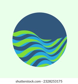 Nature fields, sky, earth, ocean sea concept. Environment circle logo emblem. Modern, geometric, organic, spa style landscape icon isolated on light background. Abstract circular deco design lines.
