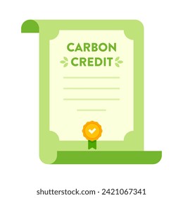 Nature – Finance – Carbon Credit, Green Economy, Environmental Finance, Sustainable Development, and ESG Business Concept – Flat Illustration Featuring a Green Certificate with a Badge