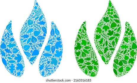 Composición de ícono de fuego natural de hojas florales en variaciones de color verde y natural. Concepto de vector de entorno ecológico para icono de fuego. La imagen vectorial de fuego se construye a partir de partes florales verdes.