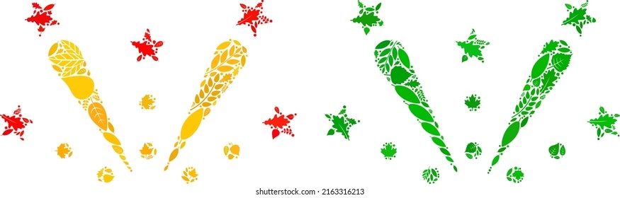 Nature fireworks explosion icon collage of herbal leaves in green and natural color tints. Ecological environment vector template for fireworks explosion icon.