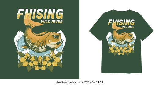 nature fishing wild river t shirt design and sticker