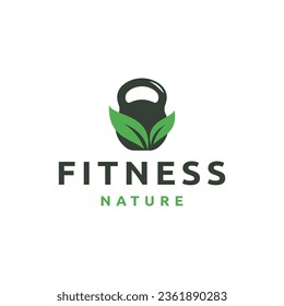 Nature fitness logo with combination of kettlebell and leaf template