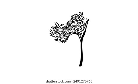 Nature flag, tree with leaves fluttering like a flag, black isolated silhouette