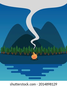 Diseño plano de la naturaleza con vectores de fogones, montañas, árboles y retratos de agua