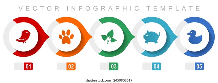 Plantilla de infografía de diseño plano de Naturaleza, símbolos diversos como pájaro, animal, hoja, cerdo y pato, iconos vectoriales colección