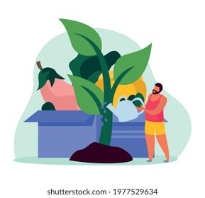 Nature flat icon with box of vegetables and character watering green plant vector illustration