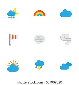 Nature Flat Icons Set. Collection Of Windy, Storm, Lightning And Other Elements. Also Includes Symbols Such As Outbreak, Sun, Cloudy.