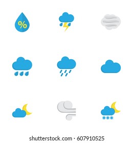 Nature Flat Icons Set. Collection Of Drop, Crescent, Shower And Other Elements. Also Includes Symbols Such As Frosty, Cloud, Cloudy.