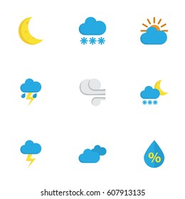 Nature Flat Icons Set. Collection Of Storm, The Flash, Frosty And Other Elements. Also Includes Symbols Such As Sun, Frost, Frosty.
