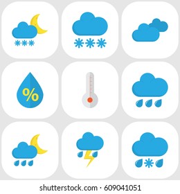 Nature Flat Icons Set. Collection Of Rain, Drizzles, Overcast And Other Elements. Also Includes Symbols Such As Clouds, Hot, Snow.