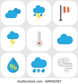 Nature Flat Icons Set. Collection Of Banner, Drizzles, Drop And Other Elements. Also Includes Symbols Such As Overcast, Storm, Wind.