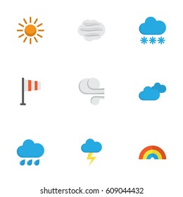 Nature Flat Icons Set. Collection Of Storm, The Flash, Snow And Other Elements. Also Includes Symbols Such As Rainy, Hot, Lightning.