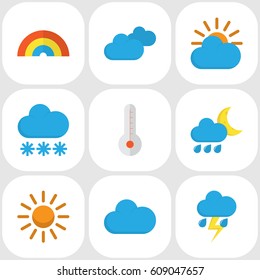 Nature Flat Icons Set. Collection Of Hailstones, Bow, Sun And Other Elements. Also Includes Symbols Such As Rainbow, Hot, Rain.