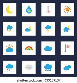 Nature Flat Icons Set. Collection Of Overcast, Drizzles, Sunny And Other Elements. Also Includes Symbols Such As Drip, Cloudy, Shower.