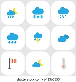 Nature Flat Icons Set. Collection Of Shower, Snow, Banner And Other Elements. Also Includes Symbols Such As Hot, Rainy, Shower.