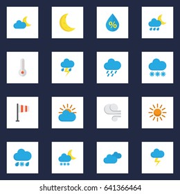 Nature Flat Icons Set. Collection Of Frosty, Drizzles, Banner And Other Elements. Also Includes Symbols Such As Sunny, Wind, Snow.