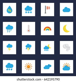 Nature Flat Icons Set. Collection Of Shower, Banner, Snow And Other Elements. Also Includes Symbols Such As Moon, Thermometer, Temperature.