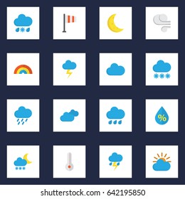 Nature Flat Icons Set. Collection Of Drizzles, Shower, Overcast And Other Elements. Also Includes Symbols Such As Temperature, Demilune, Frost.