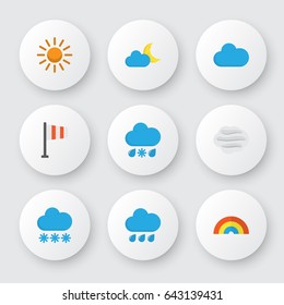 Nature Flat Icons Set. Collection Of Crescent, Sun, Bow And Other Elements. Also Includes Symbols Such As Variegation, Winter, Flag.