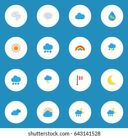 Nature Flat Icons Set. Collection Of Moon, Windy, Drop And Other Elements. Also Includes Symbols Such As Lightning, Flash, Overcast.