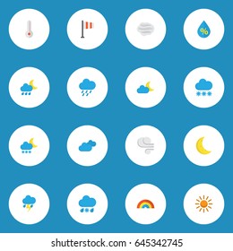 Nature Flat Icons Set. Collection Of Crescent, Shower, Hailstones And Other Elements. Also Includes Symbols Such As Shower, Rain, Frost.