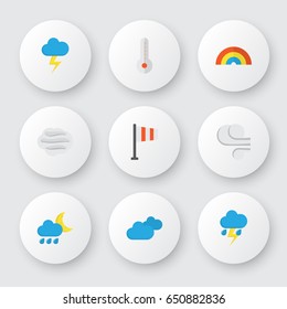 Nature Flat Icons Set. Collection Of Lightning, Bow, The Flash And Other Elements. Also Includes Symbols Such As Flash, Overcast, Banner.