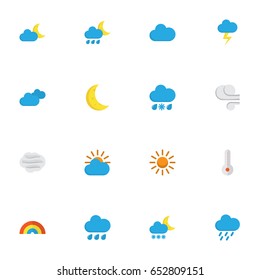 Nature Flat Icons Set. Collection Of Drizzles, Bow, Sun And Other Elements. Also Includes Symbols Such As Blizzard, Sunny, Flash.