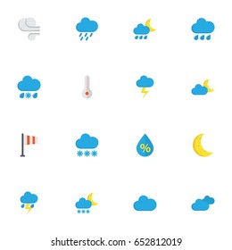 Nature Flat Icons Set. Collection Of Lightning, Overcast, Frosty And Other Elements. Also Includes Symbols Such As Clouds, Hot, Blizzard.