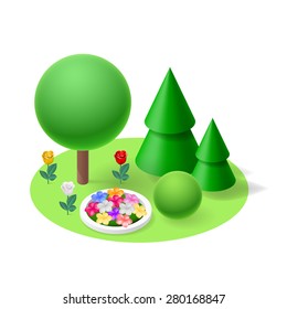 Nature flat  isometric element. Forest Lawn flowerbed flowers