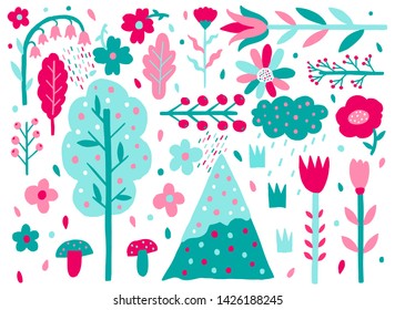 Nature flat naive set. Plants shape isolated on white background. Minimal style fantasy. Trendy creative design.Vector illustration.