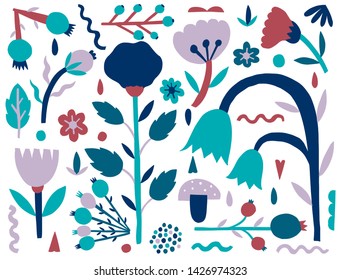 Nature flat naive set. Plants shape isolated on white background. Minimal style fantasy. Trendy creative design.Vector illustration.