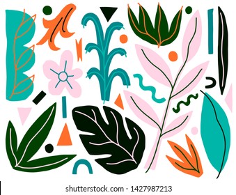 Nature flat naive set. Plants shape isolated on white background. Minimal style fantasy. Trendy creative design.Vector illustration.