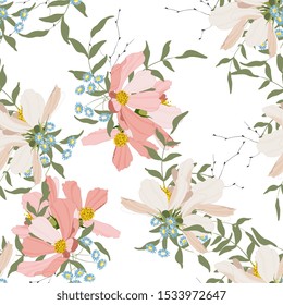 Nature floral background greenery pattern in hand drawn watercolor style. Vector foliage with jungle tropical leaf and summer flowers. Botanical hipster, rustic seamless print for wedding cards.