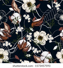 Nature floral background greenery pattern in hand drawn watercolor style. Vector foliage with jungle leaf summer cotton flowers, chamomile.  Botanical hipster, rustic seamless print for wedding cards