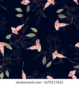 La naturaleza es un paisaje florido y de estilo artesanal. Follaje vectorial con hojas tropicales selváticas y flores de timbre rosadas. Hipster botánico, rústico sin fisuras para tarjetas de boda.
