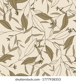 Nature floral background greenery pattern in hand drawn watercolor style. Vector khaki foliage with jungle tropical leaf and summer flowers. Botanical hipster, rustic seamless print for wedding cards.