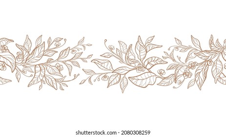 Rama floral natural, jardín en flor. Tira vectorial elegante, patrón gráfico sin costuras. Esbozo artístico de ramita, hojas doradas, flor sobre fondo blanco. Frontera romántica vintage