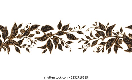 Nature floral branch, garden in bloom. Vector elegant strip, graphic seamless pattern. Art sketch of twig, golden leaves, flower on white background. Romantic vintage border