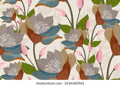 Nature floral combine and botanical prints. Color. Motif silk. Aesthetic nature. Illustration floral seamless pattern. Professional graphic design. Decor, wallpaper, flower, textile, surface fabric 