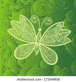 Nature floral pattern background with beautiful green ornament butterfly vector illustration
