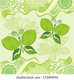 Nature floral pattern background with beautiful green ornament butterfly vector illustration