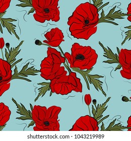 Nature floral poppy pattern vector image. Red petal nature plants isolated on blue background. Botany spring summer blossom decoration.