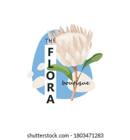 Nature floral print. Protea flower, nature logo, badge with floral elements in cartoon style, logotype concept - frame with copy space for text - vector emblem for fashion, spa, beauty. 
