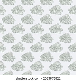 Nature floral seamless pattern with monstera leaves ornament. Grey pastel background. Decorative backdrop for fabric design, textile print, wrapping, cover. Vector illustration.