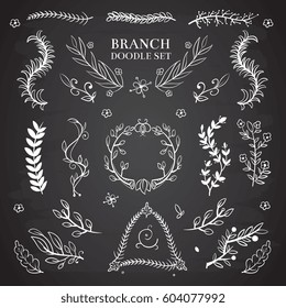 Nature floral vector doodle elements, vintage wedding branch wreaths on blackboard